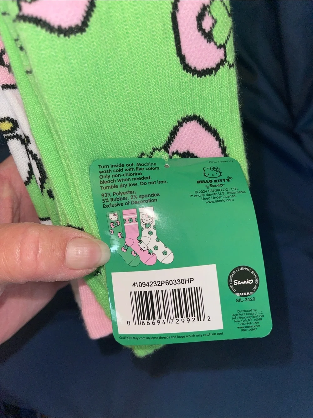 Hello Kitty Crew Socks — Green, Pink & White Puffy Hello Kitty (3-Pack)